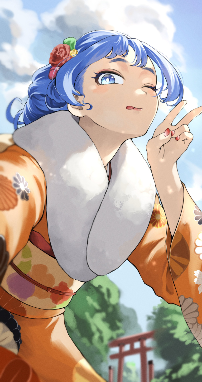 1girl absurdres alternate_costume alternate_hairstyle blue_eyes blue_hair blue_sky boku_no_hero_academia clouds commentary commentary_request day fengling_(furin-jp) flower hadou_nejire hair_flower hair_ornament hand_up highres japanese_clothes kimono looking_at_viewer one_eye_closed orange_kimono outdoors outstretched_arm reaching reaching_towards_viewer selfie sky solo tongue tongue_out torii v