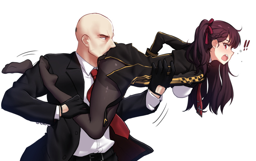 !! 1boy 1girl agent_47 aiming bald black_dress black_gloves black_jacket black_legwear black_pants braid breasts collared_shirt commentary_request covering covering_crotch dress embarrassed expressionless formal from_side girls_frontline gloves hair_ribbon hand_on_another's_stomach highres hitman_(game) jacket long_hair long_sleeves narynn necktie one_side_up open_mouth pants pantyhose purple_hair red_eyes red_necktie red_ribbon ribbon shirt simple_background suit tears thighband_pantyhose twintails wa2000_(girls_frontline) white_background white_shirt