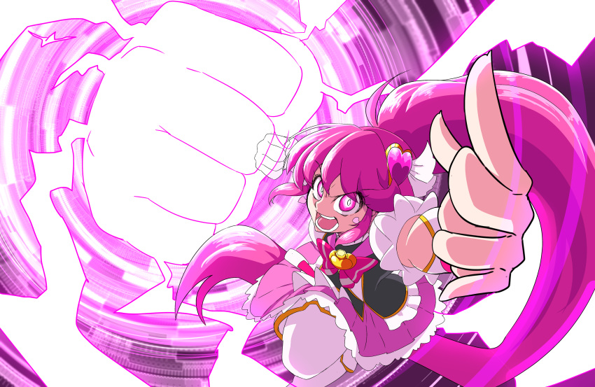 &gt;:o 1girl :o aino_megumi angry bow bright_pupils brooch clenched_hand cowboy_shot cure_lovely energy hair_ornament happinesscharge_precure! heart_hair_ornament highres jersey_68 jewelry long_hair looking_at_viewer magical_girl open_mouth outstretched_hand pink pink_background pink_bow pink_eyes pink_hair pink_skirt ponytail precure skirt solo teeth thigh-highs white_legwear wrist_cuffs