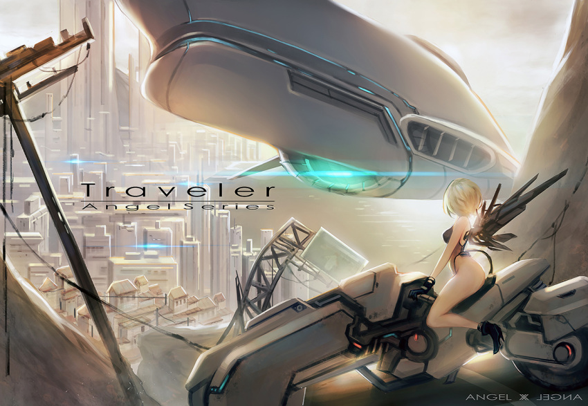 1girl ass blonde_hair boots breasts city cityscape dako6995 day from_side ground_vehicle high_heel_boots high_heels mecha_musume mechanical_wings medium_breasts motor_vehicle motorcycle original scenery science_fiction short_hair solo thighs wings