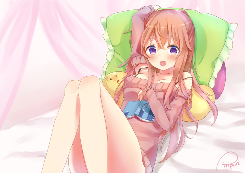 1girl arm_up artist_name bag bangs bare_shoulders bed_sheet blush book breasts cleavage collarbone commentary_request convenient_leg curtains cushion detached_sleeves eyebrows_visible_through_hair gochuumon_wa_usagi_desu_ka? hair_between_eyes highres hoto_mocha knees_together_feet_apart knees_up long_hair looking_at_viewer lying medium_breasts off-shoulder_shirt off_shoulder on_back open_mouth orange_hair piripun red_shirt shirt sidelocks signature sleeveless sleeveless_shirt sleeves_past_wrists smile solo stuffed_animal stuffed_toy violet_eyes