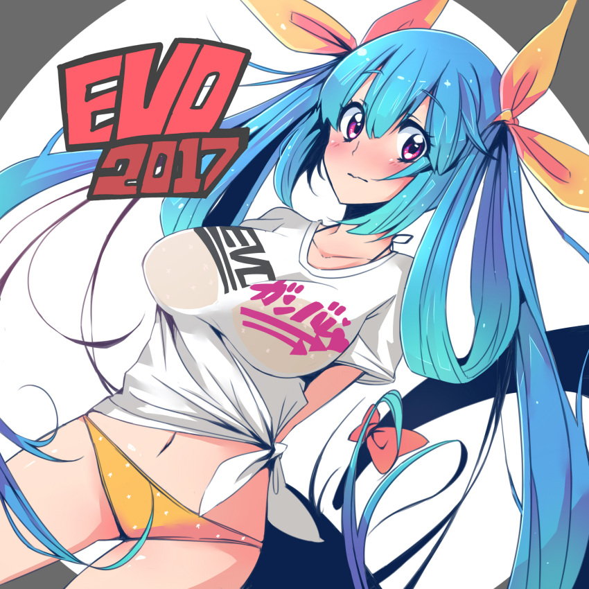 1girl 2017 alternate_costume arms_behind_head blue_hair blush breasts closed_mouth clothes_writing dizzy guilty_gear guilty_gear_xrd hair_ribbon highres iguana_henshuu-chou long_hair looking_to_the_side medium_breasts navel no_wings pink_eyes ribbon shirt short_sleeves solo t-shirt tail tail_ribbon very_long_hair white_background yellow_ribbon