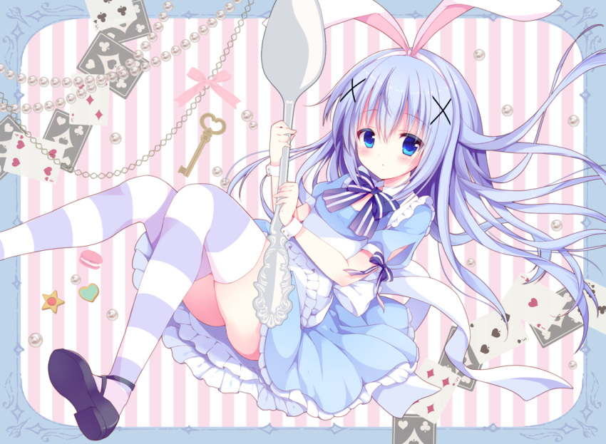 1girl alice_(wonderland) alice_(wonderland)_(cosplay) alice_in_wonderland animal_ears apron bangs black_shoes blue_bow blue_bowtie blue_dress blue_eyes bow bowtie breasts card closed_mouth clubs_(playing_card) commentary_request cosplay detached_collar diamonds_(playing_card) dress fake_animal_ears food frame frilled_apron frilled_dress frills full_body gochuumon_wa_usagi_desu_ka? hair_ornament hairband hairclip heart hearts_(playing_card) holding holding_spoon izuminanase kafuu_chino light_blue_hair long_hair looking_at_viewer macaron mary_janes oversized_object pearl pink_ribbon playing_card rabbit_ears ribbon shoes sidelocks small_breasts solo spades_(playing_card) spoon star striped striped_bow striped_bowtie striped_legwear thigh-highs thighs two-tone_background upskirt vertical-striped_background vertical_stripes white_apron white_collar white_hairband x_hair_ornament