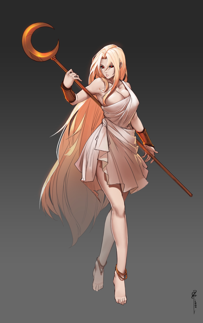 1girl absurdres arm_armor armpits black_sclera blonde_hair breasts glowing glowing_eyes grey_background highres huge_filesize jewelry large_breasts legs less long_hair looking_at_viewer red_eyes red_pupils simple_background solo staff toga very_long_hair weapon