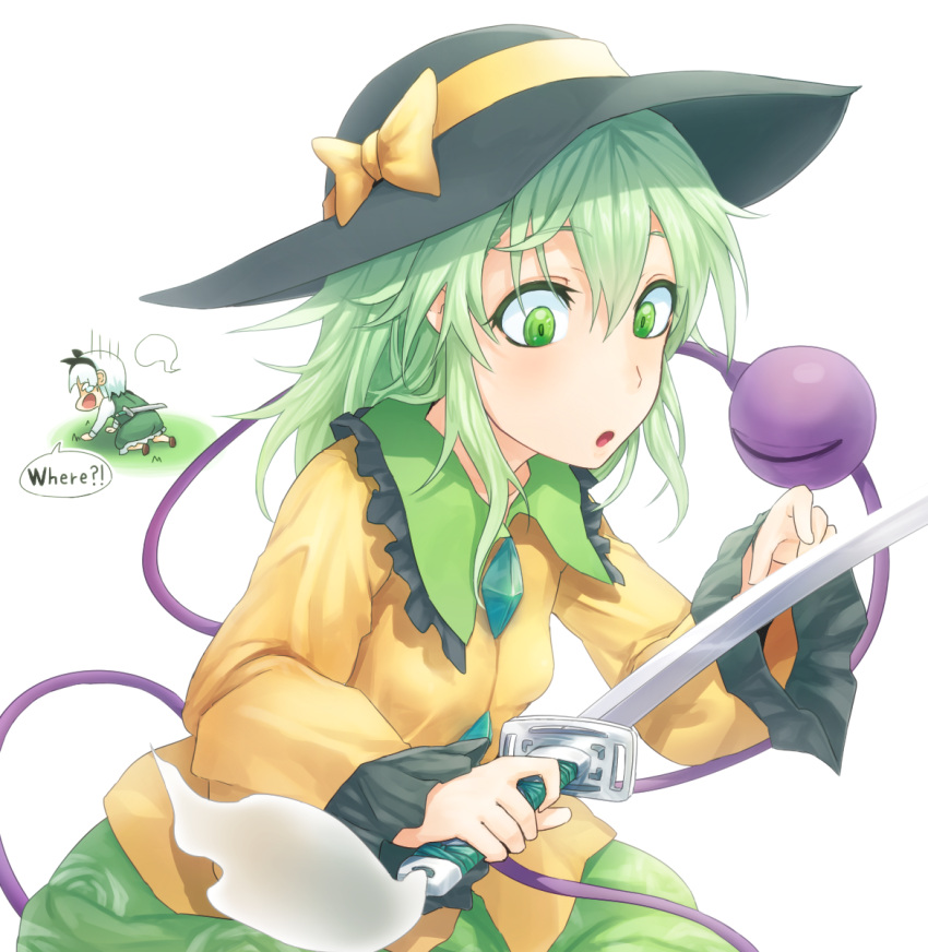 2girls :o all_fours bow commentary_request eyeball eyebrows_visible_through_hair ghost green_eyes green_hair green_skirt green_vest hairband hands_up hat hat_bow hat_ribbon highres holding holding_sword holding_weapon katana komeiji_koishi konpaku_youmu konpaku_youmu_(ghost) ldl_(bcw1025) long_sleeves looking_down multiple_girls open_mouth ribbon sheath shirt short_hair simple_background skirt skirt_set sword tearing_up third_eye touhou upper_body vest weapon white_background white_hair white_shirt wide_sleeves