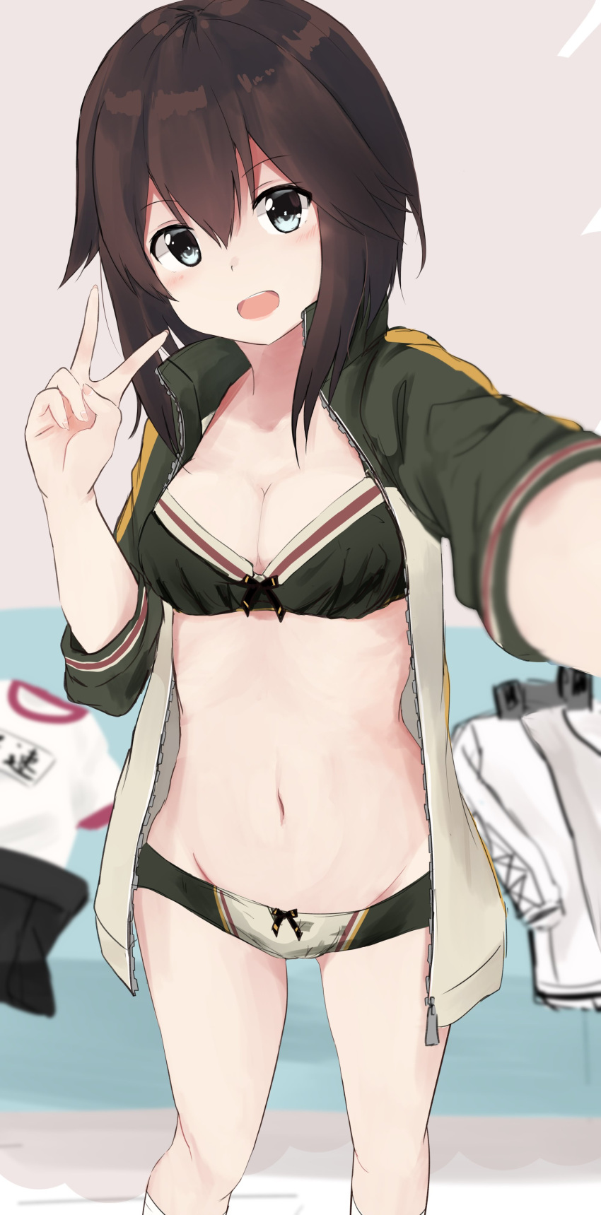 10s 1girl :d absurdres black_eyes blush bow bow_bra bow_panties bra breasts brown_hair cleavage clothes_on_floor hayasui_(kantai_collection) highres jacket kantai_collection looking_at_viewer medium_breasts open_clothes open_jacket open_mouth panties self_shot short_hair smile solo standing track_jacket underwear v yuki_(yukin0128)