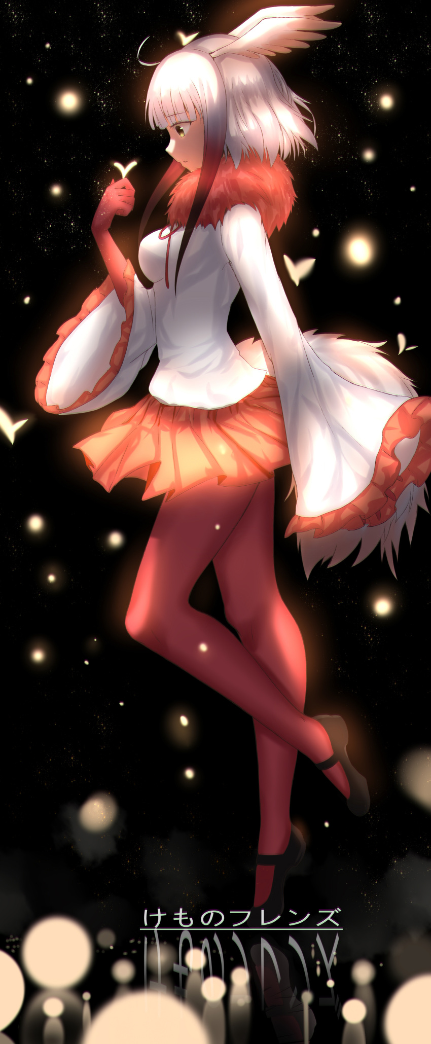 1girl absurdres ahoge bangs black_background black_shoes blunt_bangs breasts copyright_name full_body fur_trim gloves head_wings highres japanese_crested_ibis_(kemono_friends) kemono_friends light_particles loafers long_hair long_sleeves multicolored_hair pantyhose pleated_skirt red_legwear redhead shirt shoes short_hair_with_long_locks sidelocks skirt small_breasts solo standing standing_on_one_leg tail two-tone_hair white_hair white_shirt wide_sleeves xue_fengzi yellow_eyes