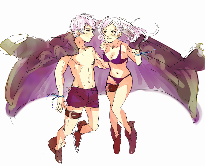 1boy 1girl bikini breasts brother_and_sister cape cute dual_persona female_my_unit_(fire_emblem:_kakusei) female_swimwear fire_emblem fire_emblem:_kakusei fire_emblem_13 fire_emblem_awakening fire_emblem_heroes gloves hand_holding highres hood intelligent_systems long_hair male_my_unit_(fire_emblem:_kakusei) male_swimwear misokatsuhaumai my_unit_(fire_emblem:_kakusei) nintendo reflet reflet_(boy) reflet_(girl) robin_(fire_emblem)_(female) robin_(fire_emblem)_(male) short_hair smile super_smash_bros. swim_trunks swimsuit twintails white_hair