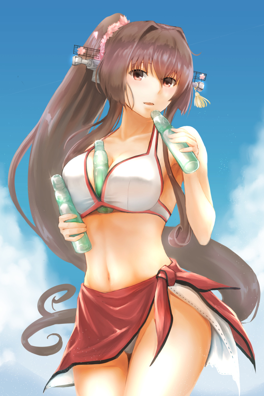 10s 1girl bangs between_breasts bikini blue_sky bottle breasts brown_eyes brown_hair cherry_blossoms cleavage clouds collarbone cowboy_shot day groin hair_between_eyes hair_ornament headgear highres holding holding_bottle kantai_collection kokuzoo large_breasts long_hair looking_at_viewer miniskirt navel open_mouth outdoors ponytail ramune sarong sidelocks skirt sky solo standing stomach swimsuit white_bikini yamato_(kantai_collection)