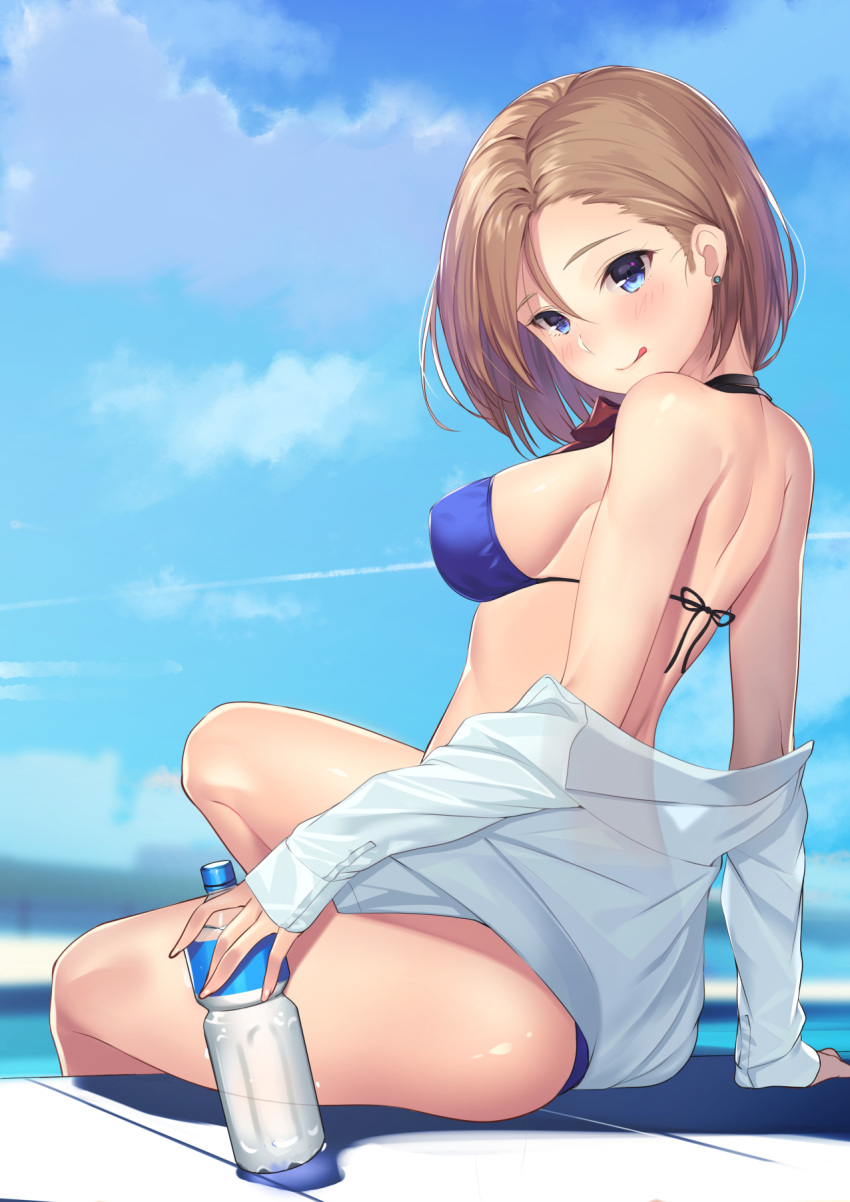1girl :q arm_support bangs bikini blue_bikini blue_eyes blue_sky blush bottle breasts brown_hair commentary day earrings from_side halterneck head_tilt highres jewelry kagematsuri leaning_back long_sleeves looking_at_viewer looking_back medium_breasts off_shoulder original outdoors see-through_silhouette short_hair sideboob sky sleeves_past_wrists solo stud_earrings swept_bangs swimsuit tongue tongue_out water_bottle