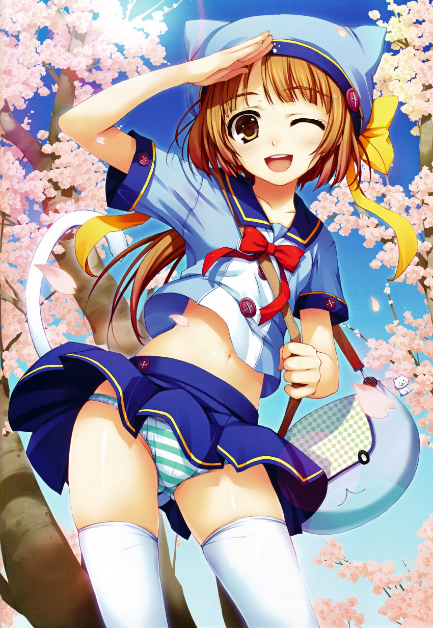 1girl absurdres bag bangs bow brown_eyes brown_hair cat_tail cherry_blossoms collarbone day eyebrows_visible_through_hair hat highres looking_at_viewer navel one_eye_closed outdoors panties petals salute school_bag school_uniform short_hair short_sleeves sky solo striped striped_panties tail thigh-highs tomose_shunsaku underwear white_legwear