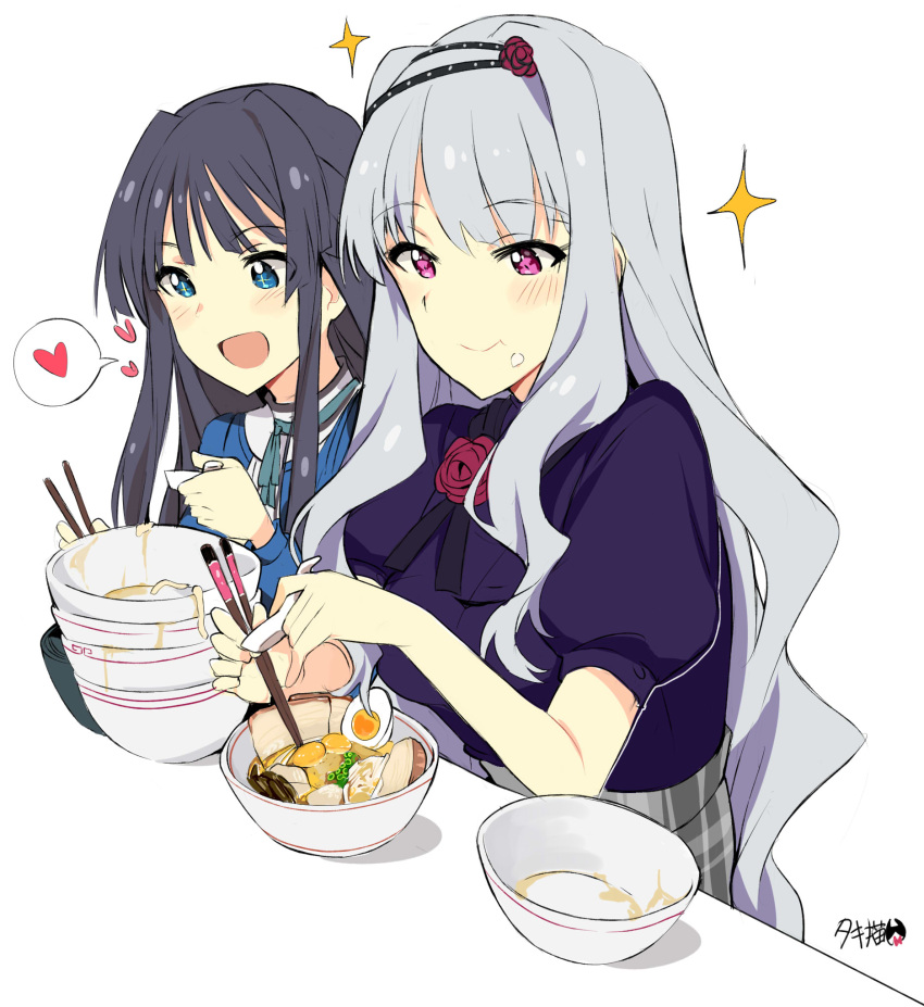 2girls bangs blue_eyes blue_hair blue_shirt blush bowl checkered checkered_skirt chopsticks closed_mouth eating egg eyebrows_visible_through_hair flower food food_on_face grey_skirt hair_flower hair_ornament hairband heart highres holding_chopsticks idolmaster idolmaster_million_live! kisaragi_chihaya long_hair multiple_girls noodles open_mouth puffy_short_sleeves puffy_sleeves purple_shirt ramen ribbon shijou_takane shirt short_sleeves sidelocks silver_hair simple_background skirt spoken_heart tuxedo_de_cat violet_eyes wavy_hair white_background