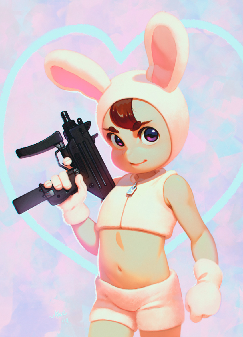 1girl alkemanubis animal_costume animal_ears brown_hair bunny_costume child gloves gun heart heart_background highres looking_at_viewer midriff navel original rabbit_ears shorts sleeveless solo standing violet_eyes weapon zipper