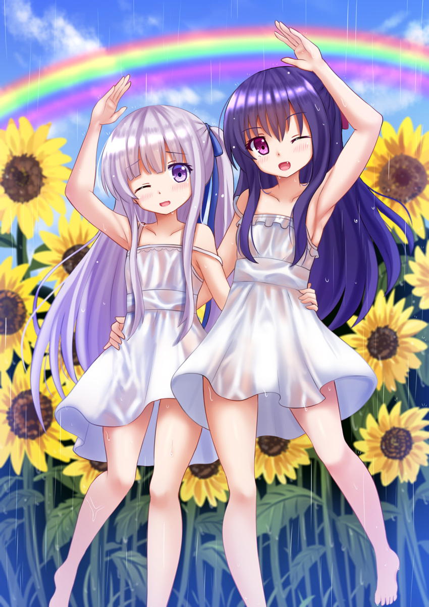 2girls ;d arm_up armpits bare_legs bare_shoulders barefoot blue_hair blue_sky child collarbone commentary dress eyebrows_visible_through_hair fang flower gotou_jun hair_ribbon hand_on_another's_hip highres kazenokaze long_hair looking_at_viewer momijidani_nozomi multiple_girls one_eye_closed open_mouth pink_eyes rain rainbow ribbon see-through side_ponytail silver_hair sky smile strap_slip sundress sunflower tenshi_no_3p! violet_eyes water_drop wet wet_clothes wet_dress white_dress wink