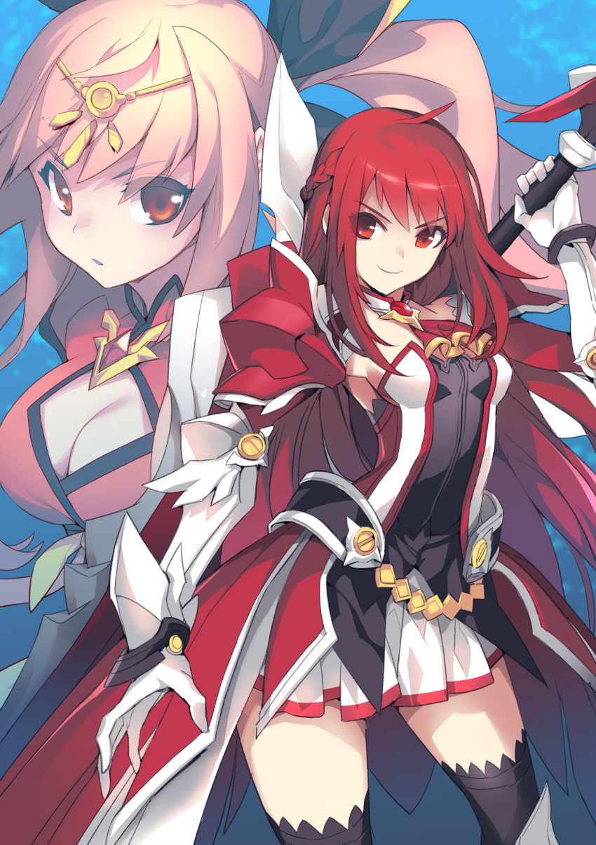 2girls absurdres arm_up armor armored_dress black_legwear braid breasts circlet cleavage cleavage_cutout contrapposto dress elsword faulds gloves half_updo highres huge_weapon long_hair multiple_girls octoman parted_lips pauldrons pink_layer red_eyes redhead short_dress small_breasts smile strapless strapless_dress thigh-highs vambraces very_long_hair weapon white_gloves
