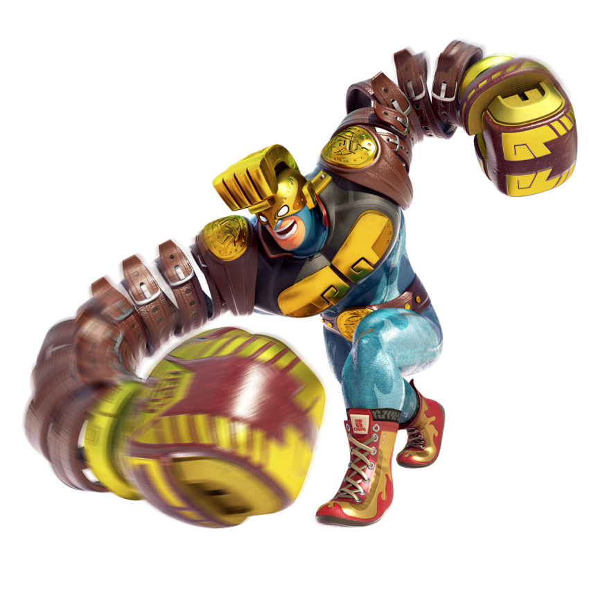 1boy arms_(game) bodysuit boots boxing_gloves championship_belt cross-laced_footwear full_body helmet highres lace-up_boots male_focus max_brass motion_blur nintendo no_pupils official_art punching red_boots roaster_(arms) simple_background solo transparent_background