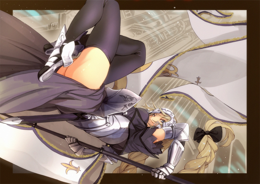 1girl ass black_bow blonde_hair blue_eyes bow breasts cowter fate/apocrypha fate_(series) from_below fu-ta gauntlets hair_bow headpiece long_hair looking_at_viewer plackart ruler_(fate/apocrypha) sheath smile solo standard_bearer sword thigh-highs weapon