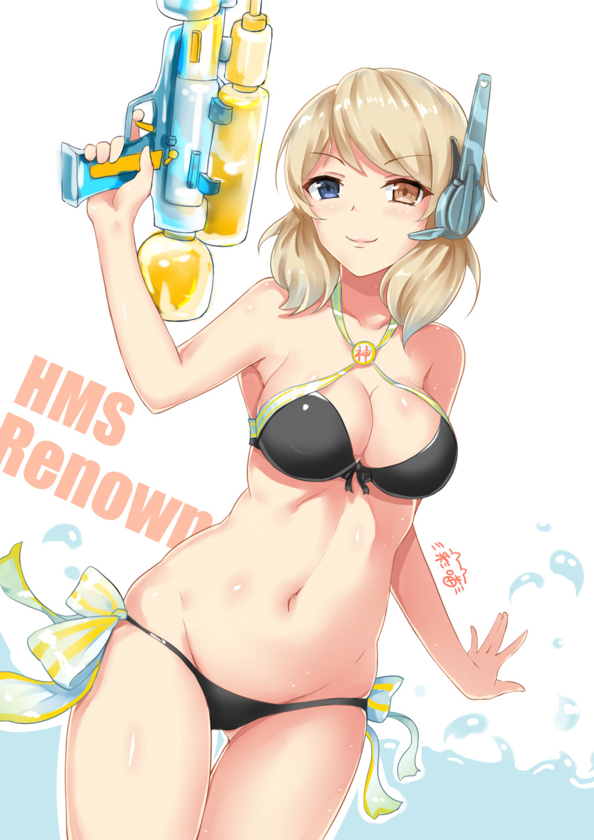 1girl armpits artist_name bikini black_bikini blonde_hair blue_eyes bow_bikini breasts character_name cleavage closed_mouth cowboy_hat dutch_angle front-tie_bikini front-tie_top gluteal_fold halter_top halterneck hand_up hat headgear heterochromia highres holding large_breasts looking_at_viewer navel open_hand outstretched_hand raised_eyebrows renown_(zhan_jian_shao_nyu) short_hair simple_background smile solo swimsuit thigh_gap two_side_up water_gun yellow_eyes zhan_jian_shao_nyu zhudacaimiao