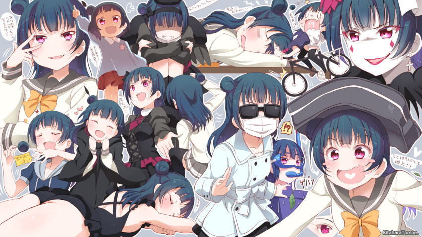 1girl artist_name bag bicycle birthday black_dress blue_hair cross cross_earrings dress earrings facepaint ground_vehicle hair_bun happy_birthday jewelry kitahara_tomoe_(kitahara_koubou) long_hair love_live! love_live!_sunshine!! multiple_views pink_eyes school_bag short_hair sleeping sunglasses surgical_mask tsushima_yoshiko uranohoshi_school_uniform younger