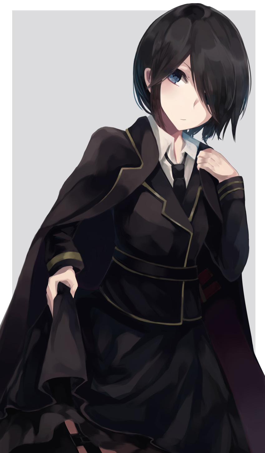 &gt;:/ 1girl :/ absurdres bangs belt black_belt black_cape black_hair black_necktie black_skirt blue_eyes blush cape closed_mouth commentary cowboy_shot dutch_angle grey_background hair_over_one_eye hand_up highres long_sleeves loose_necktie necktie ogami_ren original outside_border parted_bangs short_hair skirt skirt_lift solo thigh_strap uniform wing_collar