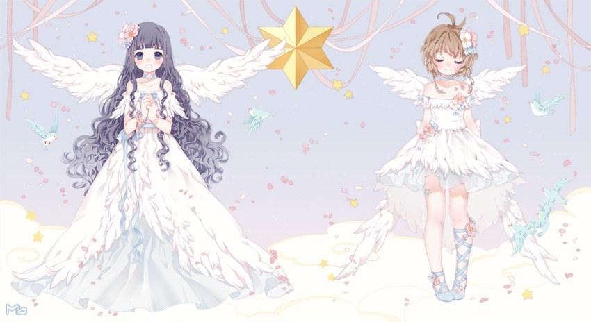 2girls :d ahoge angel_wings animal bangs bare_shoulders bird black_hair blue_background blue_shoes blunt_bangs brown_hair card_captor_sakura clouds cross-laced_footwear daidouji_tomoyo dress flat_chest flower full_body hair_flower hair_ornament hands_together kinomoto_sakura long_hair mia0309 multiple_girls open_mouth petals shoes short_hair_with_long_locks sidelocks signature sleeveless sleeveless_dress smile standing star strapless strapless_dress very_long_hair violet_eyes wavy_hair white_dress wings