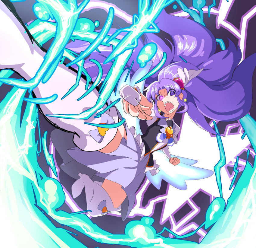 &gt;:o 1girl :o absurdres angry arm_warmers black_shirt boots brooch cure_fortune earrings energy full_body hair_ornament happinesscharge_precure! heart_hair_ornament highres hikawa_iona jersey_68 jewelry kicking lightning long_hair looking_at_viewer magical_girl open_mouth precure purple_hair purple_skirt shirt sidelocks skirt solo star star_earrings teeth thigh-highs thigh_boots violet_eyes white_boots