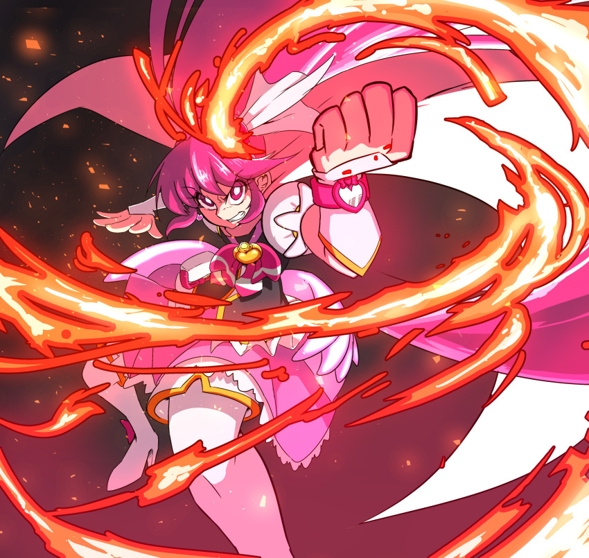 1girl aino_megumi angry black_shirt boots bow bright_pupils brooch cape clenched_hand clenched_teeth cure_lovely fighting_stance fire full_body happinesscharge_precure! highres jersey_68 jewelry long_hair looking_at_viewer magical_girl pink_bow pink_eyes pink_hair pink_skirt ponytail precure puffy_sleeves shirt sidelocks skirt solo teeth thigh-highs thigh_boots white_boots wrist_cuffs
