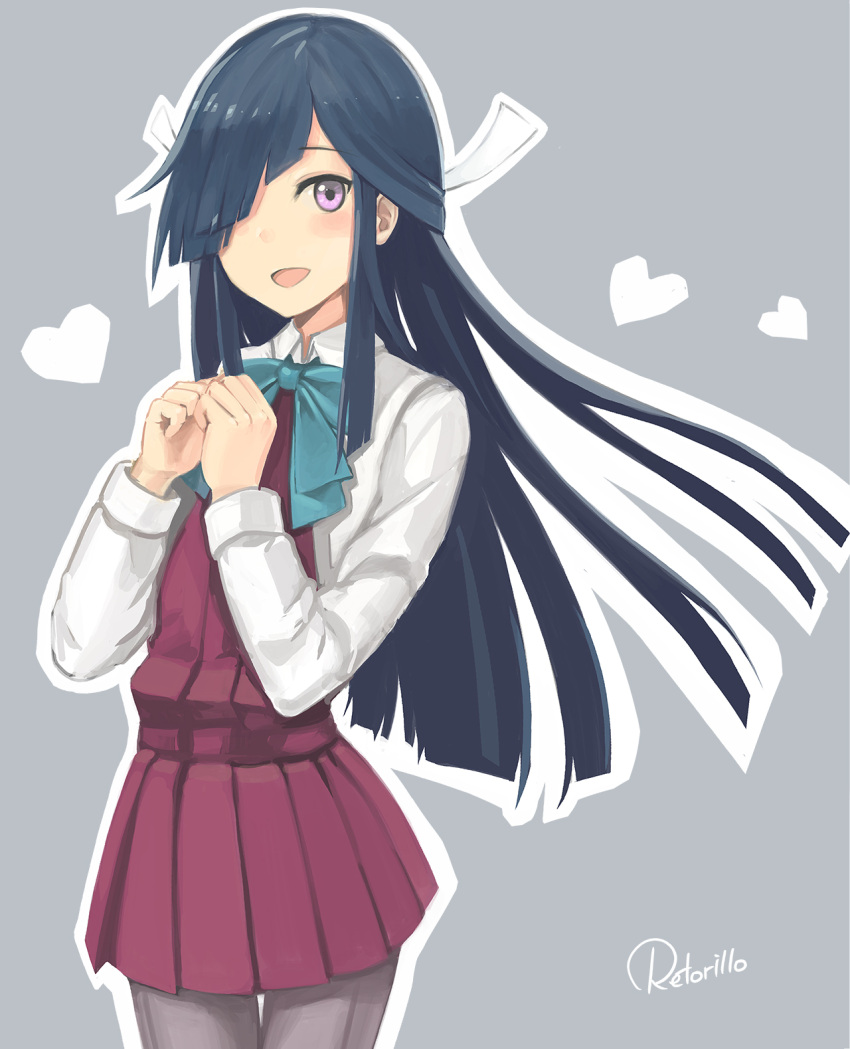 1girl :d aqua_bowtie artist_name black_hair blush bow bowtie collared_shirt commentary_request cowboy_shot dress flat_chest grey_background grey_legwear hair_over_one_eye hair_ribbon hands_together hayashimo_(kantai_collection) heart highres kantai_collection long_hair long_sleeves looking_at_viewer open_mouth outline pantyhose purple_dress retorillo ribbon school_uniform shirt sidelocks sleeveless sleeveless_dress smile solo standing very_long_hair violet_eyes white_outline white_shirt wing_collar