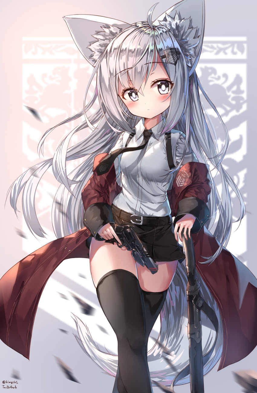 1girl animal_ears belt black_legwear blue_eyes blush coat gun hair_ornament hairclip handgun highres long_hair miniskirt necktie off_shoulder original sheath sheathed shirt silver_hair skirt solo sword tail tandozzing thigh-highs very_long_hair weapon white_shirt wolf_ears wolf_tail zettai_ryouiki