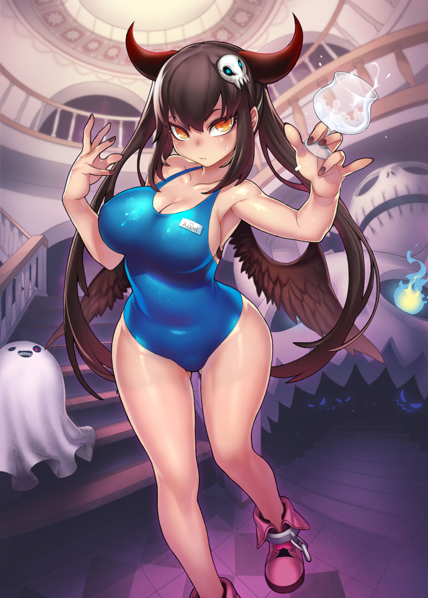 1girl black_hair black_nails black_wings blue_swimsuit boots breasts cleavage curvy fisheye glass hair_ornament highres horns indoors large_breasts long_hair looking_at_viewer nail_polish name_tag octoman one-piece_swimsuit orange_eyes qurare_magic_library sideboob skull_hair_ornament solo standing sweatdrop swimsuit twintails wide_hips wings