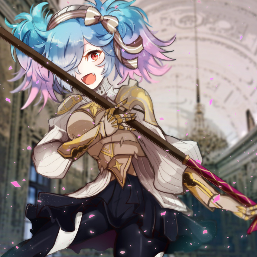1girl armor blue_hair bow fangs fire_emblem fire_emblem_if gauntlets gloves hairband highres long_hair multicolored_hair open_mouth pieri_(fire_emblem_if) pink_hair polearm red_eyes ruchita solo spear twintails two-tone_hair upper_body weapon