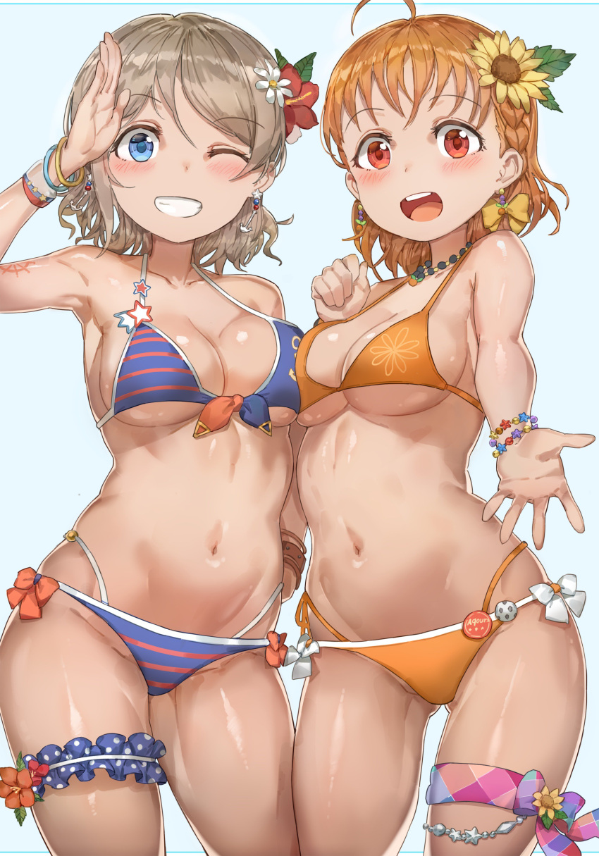 2girls absurdres ahoge blue_eyes blush bracelet breast_press breasts brown_hair cleavage collarbone eyebrows_visible_through_hair flower grin hair_flower hair_ornament highres jewelry large_breasts looking_at_viewer love_live! love_live!_sunshine!! medium_breasts multiple_girls navel necklace one_eye_closed open_mouth orange_hair red_eyes short_hair smile symmetrical_docking takami_chika watanabe_you yohan1754