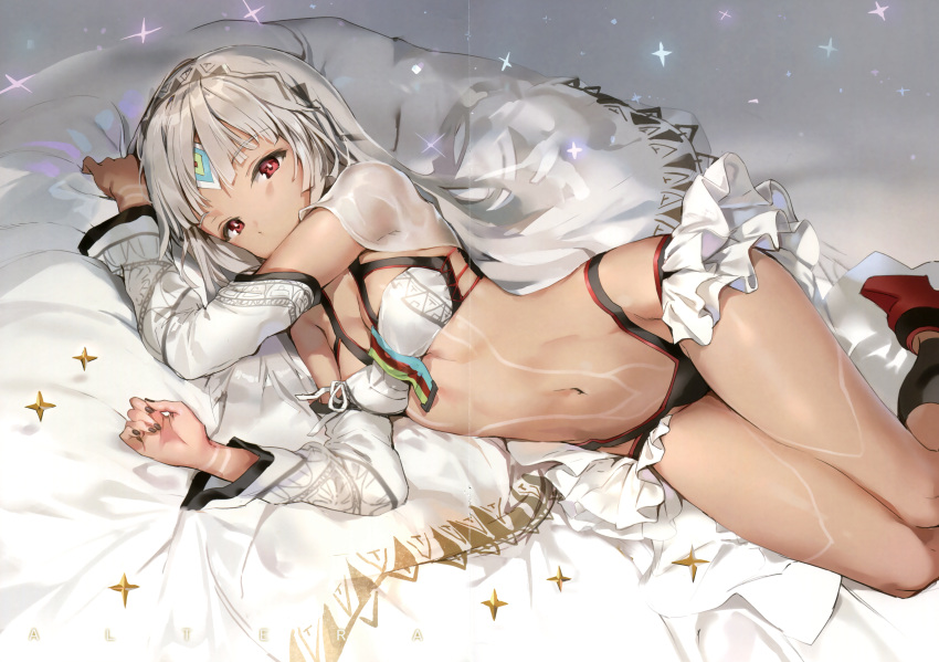 1girl absurdres altera_(fate) anmi bent_knees bodypaint detached_sleeves eyebrows_visible_through_hair fate/grand_order fate_(series) fingernails highres huge_filesize looking_at_viewer lying midriff nail_polish navel red_eyes shoes short_hair solo stomach veil white_hair