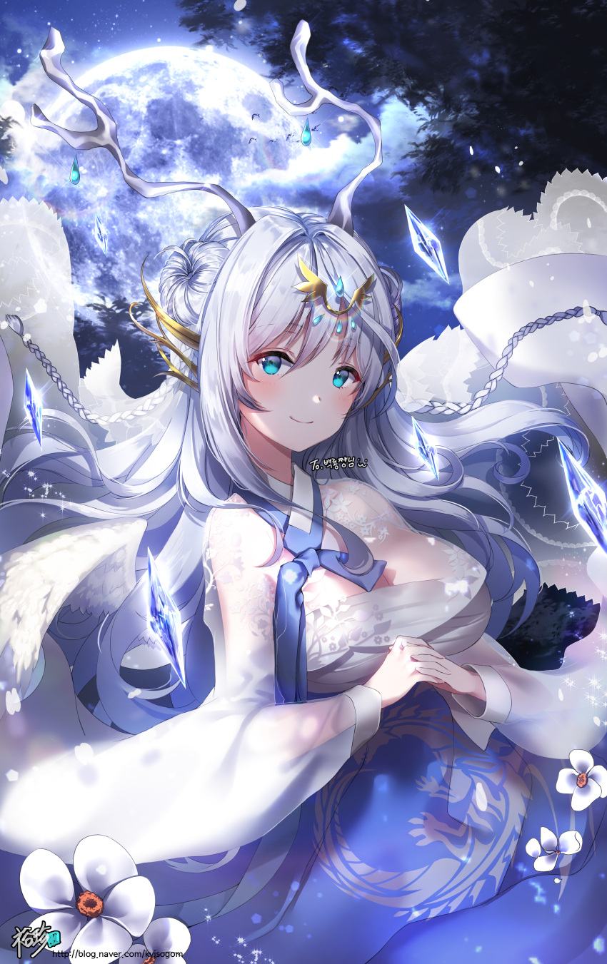 1girl absurdres blue_eyes blush breasts cleavage double_bun eyebrows_visible_through_hair flower headpiece highres large_breasts looking_at_viewer naver_username original silver_hair smile solo watermark web_address
