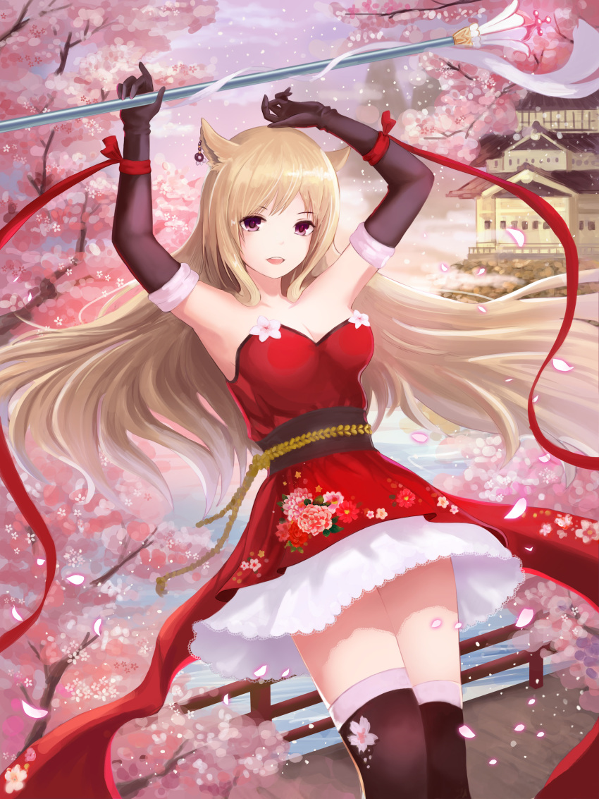 1girl :o absurdres animal_ears architecture arms_up black_gloves black_legwear breasts cleavage dew_(7302235) earrings east_asian_architecture elbow_gloves floral_print gloves highres jewelry light_brown_hair long_hair outdoors sakura small_breasts solo staff standing violet_eyes