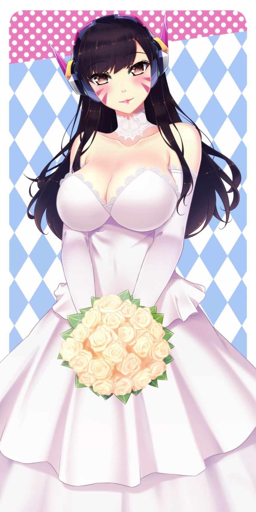 1girl absurdres bangs blue_background blush bouquet breasts bride brown_eyes brown_hair checkered checkered_background cleavage collarbone d.va_(overwatch) dress elbow_gloves eyebrows_visible_through_hair facepaint facial_mark flower gloves head_tilt headphones highres holding holding_bouquet lace lace-trimmed_dress large_breasts light_smile long_hair looking_at_viewer nanomate3 overwatch patterned_background rose solo strapless strapless_dress swept_bangs upper_body wedding_dress whisker_markings white_background white_border white_dress white_gloves white_rose
