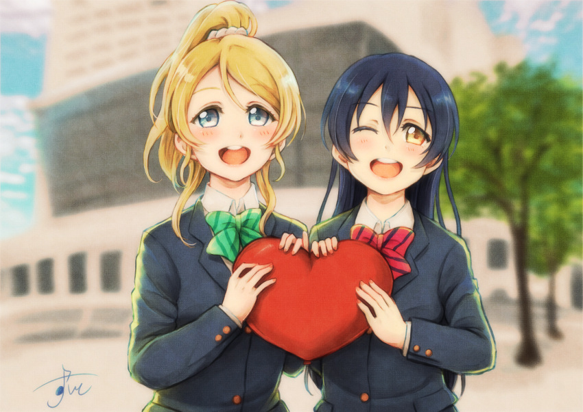 2girls argyle argyle_background ayase_eli bangs black_jacket black_suit blonde_hair blue_eyes blush bow bowtie brown_eyes building day eyebrows_visible_through_hair green_bow green_bowtie hair_between_eyes hair_ornament hair_scrunchie high_ponytail holding_heart jacket lilylion26 long_hair long_sleeves looking_at_viewer love_live! love_live!_school_idol_project multiple_girls open_mouth outdoors red_bow red_bowtie round_teeth school_uniform scrunchie shiny shiny_hair short_hair signature sonoda_umi standing striped striped_bow striped_bowtie sunlight teeth tree upper_body white_collar white_scrunchie wing_collar wings