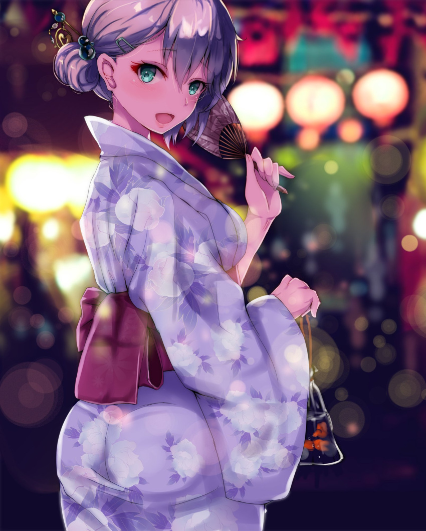 1girl anastasia_(idolmaster) ass asymmetrical_hair blue_eyes blue_kimono blurry blurry_background blush breasts commentary_request eyelashes fan fish floral_print goldfish hair_ornament hairclip hairpin hand_up highres idolmaster idolmaster_cinderella_girls japanese_clothes kimono looking_at_viewer looking_back medium_breasts open_mouth red_sash ryuu. sash short_hair silver_hair smile solo tied_hair wide_sleeves