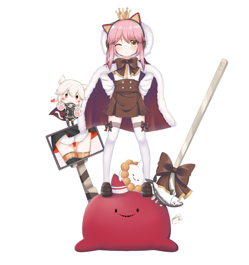 2girls animal_ears bangs bismarck_(zhan_jian_shao_nyu) bow bowtie brown_bow brown_bowtie brown_cloak brown_shoes brown_skirt buttons chibi cloak closed_mouth crown doll earphones fake_animal_ears fork fur-trimmed_cloak fur_trim galo_(zhan_jian_shao_nyu) hands_on_hips heart high-waist_skirt highres hood hooded_cloak legs_apart loafers long_hair long_sleeves looking_at_viewer mini_crown multiple_girls one_eye_closed parted_bangs pink_hair pleated_skirt raised_eyebrows screen shirt shoes skirt sleeves_folded_up solo_focus sorry_(4627156) standing standing_on_object thigh-highs tirpitz_(zhan_jian_shao_nyu) white_fur white_legwear white_shirt yellow_eyes younger zettai_ryouiki zhan_jian_shao_nyu