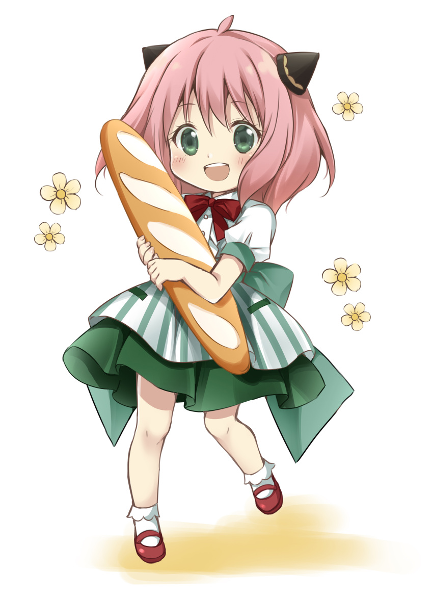 1girl :d absurdres ahoge anya_(spy_x_family) baguette bow bowtie bread flower food green_eyes green_skirt hair_cones highres holding holding_food korie_riko looking_at_viewer mary_janes pink_hair puffy_short_sleeves puffy_sleeves red_bow red_bowtie red_footwear shirt shoes short_hair short_sleeves skirt smile socks solo spy_x_family white_legwear white_shirt