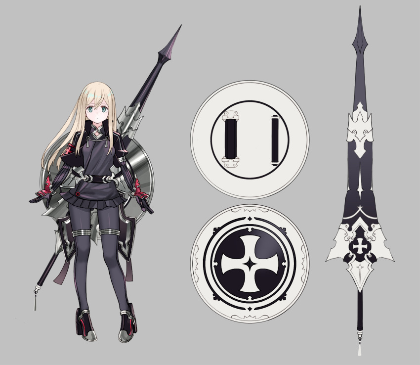 10s 1girl alternate_costume blonde_hair blue_eyes character_sheet commentary_request cropped_jacket full_body grey_background high_heels highres iron_cross kantai_collection lance long_hair long_sleeves microskirt pleated_skirt polearm ruisento shield simple_background skirt solo standing u-511_(kantai_collection) weapon weapon_on_back