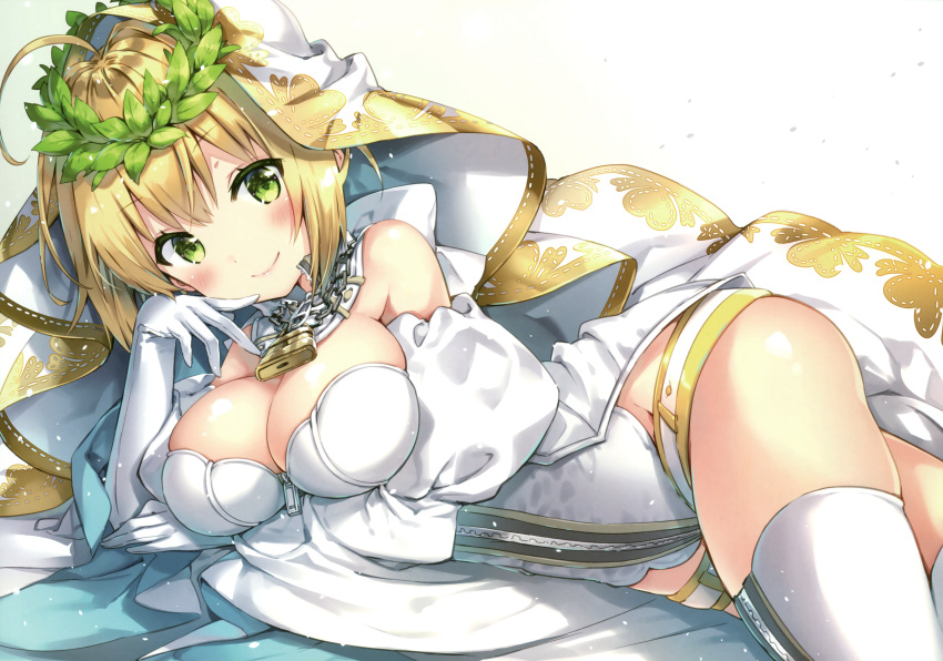 1girl absurdres ahoge arm_support ass bangs bare_shoulders belt beltskirt blonde_hair blush breast_hold breasts bridal_veil chains cleavage closed_mouth colored_eyelashes cowboy_shot detached_collar detached_sleeves elbow_gloves eyebrows_visible_through_hair fate/extra fate/extra_ccc fate/grand_order fate_(series) full-length_zipper gloves gradient gradient_background green_eyes groin hair_intakes hand_up head_tilt head_wreath heart heart_print highres huge_filesize large_breasts leotard light_particles light_smile lock looking_at_viewer lying on_side padlock puffy_detached_sleeves puffy_sleeves ribbon_trim riichu saber_bride saber_extra scan short_hair_with_long_locks showgirl_skirt sidelocks skindentation skirt smile strapless strapless_leotard thigh-highs thighs unzipped veil white_background white_gloves white_legwear white_leotard white_skirt wide_sleeves zipper zipper_pull_tab