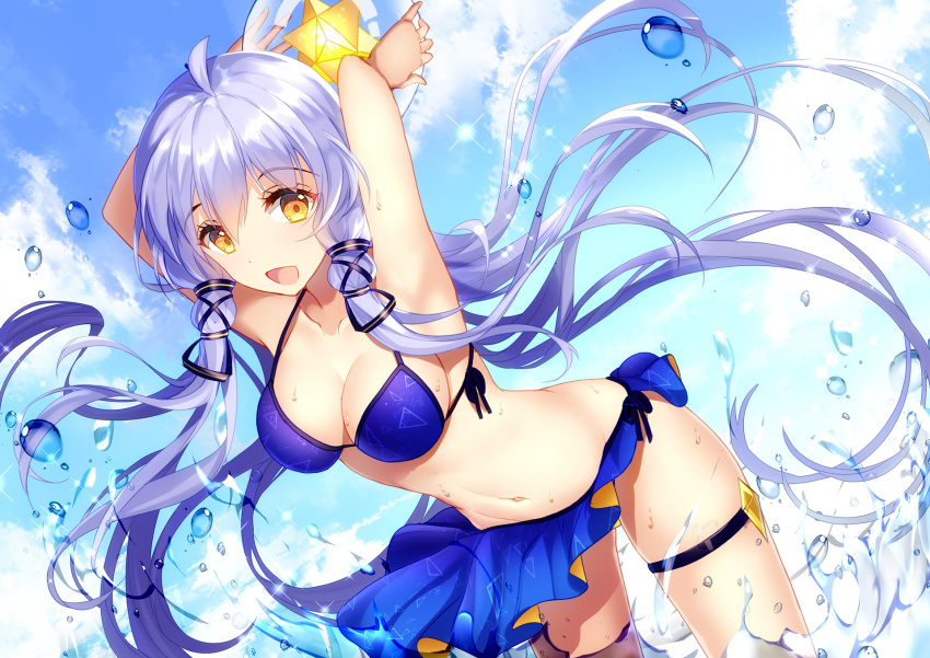 1girl :d ahoge armpits arms_up bikini bison_cangshu black_ribbon blue_hair blue_sky breasts cleavage clouds cloudy_sky collarbone day hair_ribbon halter_top halterneck highres leaning_forward low_twintails medium_breasts navel open_mouth outdoors ribbon sarong side-tie_bikini sky smile solo sparkle swimsuit thigh_strap twintails vocaloid vocanese water_drop xingchen yellow_eyes