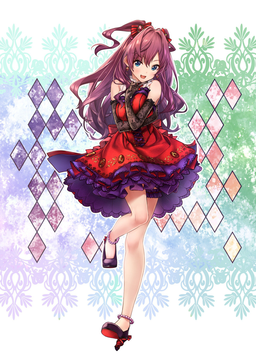 1girl absurdres anklet baffu bare_shoulders bead_anklet black_gloves blue_eyes blush bow breast_hold breasts brown_hair commentary_request corset cross-laced_clothes dress earrings elbow_gloves finger_to_chin frilled_dress frills full_body gloves hair_bow high_heels highres ichinose_shiki idolmaster idolmaster_cinderella_girls idolmaster_cinderella_girls_starlight_stage index_finger_raised jewelry leg_up long_hair looking_at_viewer medium_breasts neck_ribbon open_mouth purple_hair red_bow red_dress ribbon sash smile solo twintails wavy_hair