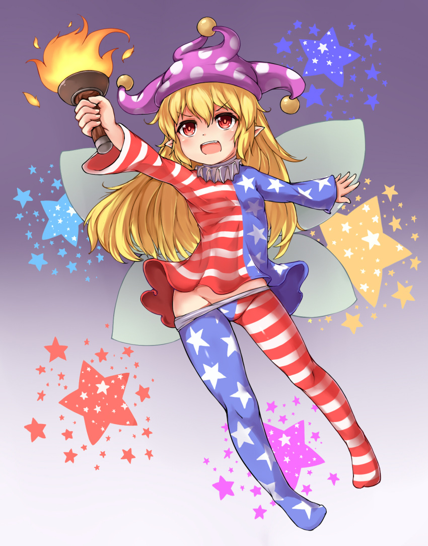 1girl american_flag_dress american_flag_legwear blonde_hair bushi_(1622035441) clownpiece fire full_body gradient gradient_background hair_between_eyes hat highres jester_cap long_hair long_sleeves neck_ruff no_panties open_mouth pantyhose pantyhose_pull pointy_ears polka_dot purple_background red_eyes solo star star_print striped teeth torch touhou