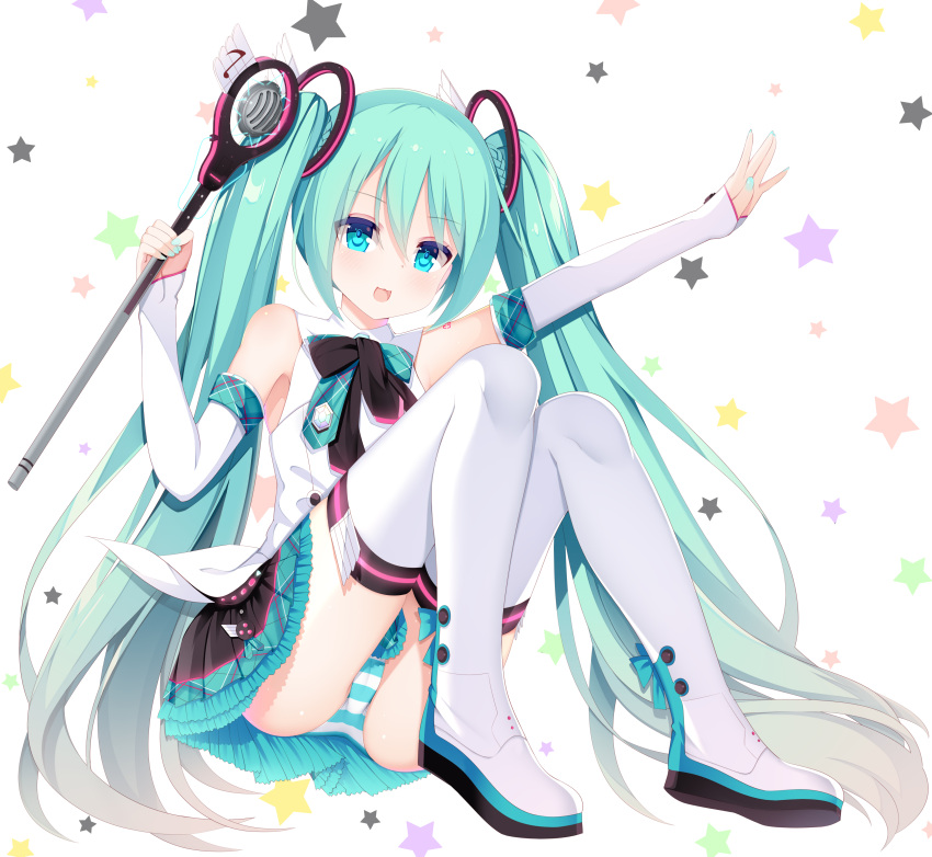1girl absurdres blue_eyes blue_hair blue_panties blush boots eyebrows_visible_through_hair hatsune_miku highres jyt long_hair looking_at_viewer panties parted_lips smile solo striped striped_panties thigh-highs thigh_boots twintails underwear vocaloid white_boots white_panties