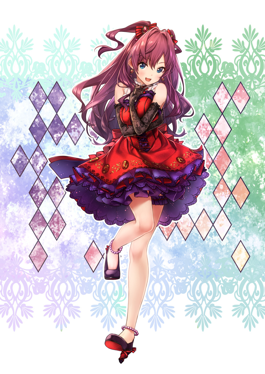 1girl absurdres anklet argyle argyle_background baffu bare_shoulders bead_anklet black_gloves blue_eyes blush bow breast_hold breasts brown_hair commentary_request corset cross-laced_clothes dress earrings elbow_gloves finger_to_chin frilled_dress frills gloves hair_bow head_tilt high_heels highres ichinose_shiki idolmaster idolmaster_cinderella_girls idolmaster_cinderella_girls_starlight_stage index_finger_raised jewelry large_breasts leg_up legs long_hair looking_at_viewer neck_ribbon open_mouth red_bow red_dress ribbon sash smile solo thigh_strap thighs twintails wavy_hair