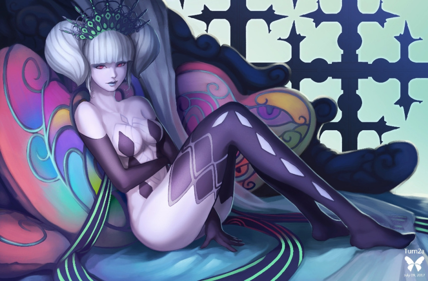1girl black_gloves black_legwear breasts cleavage elbow_gloves final_fantasy final_fantasy_xiv gloves grey_hair impossible_clothes looking_at_viewer pale_skin pillow reclining scathach_(ffxiv) sitting solo thigh-highs tiara turn2a twintails