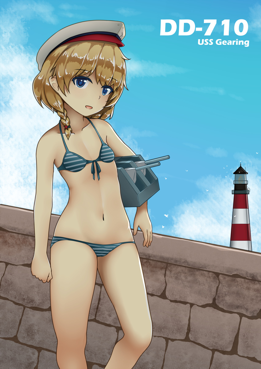 1girl absurdres bangs bikini bird blue_bikini blue_eyes blue_sky braid brick brown_hair cannon carrying_under_arm character_name clenched_hand clouds collarbone contrapposto day front-tie_bikini front-tie_top gearing_(zhan_jian_shao_nyu) hair_ornament hat head_tilt highres horizontal_stripes lighthouse looking_at_viewer mayuan open_mouth outdoors peaked_lapels short_hair side_braid sky slope solo standing star star-shaped_pupils star_hair_ornament striped striped_bikini swimsuit symbol-shaped_pupils white_hat zhan_jian_shao_nyu