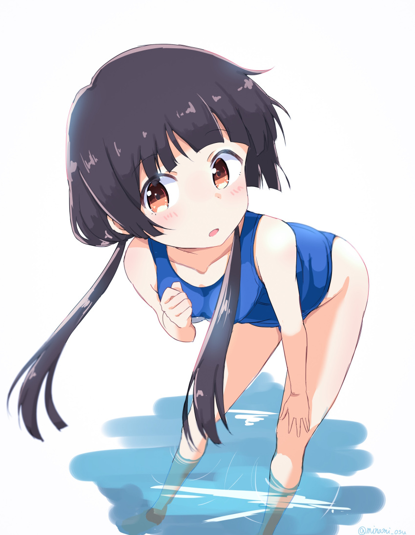 1girl :o absurdres amayadori_machi bangs barefoot bent_over blunt_bangs blush breasts brown_eyes brown_hair clenched_hand collarbone commentary_request eyebrows_visible_through_hair hand_on_own_leg highres kumamiko leaning_forward long_hair looking_at_viewer low_twintails minami_osu one-piece_swimsuit open_mouth pants school_swimsuit small_breasts solo swimsuit twintails twitter_username wading water white_background